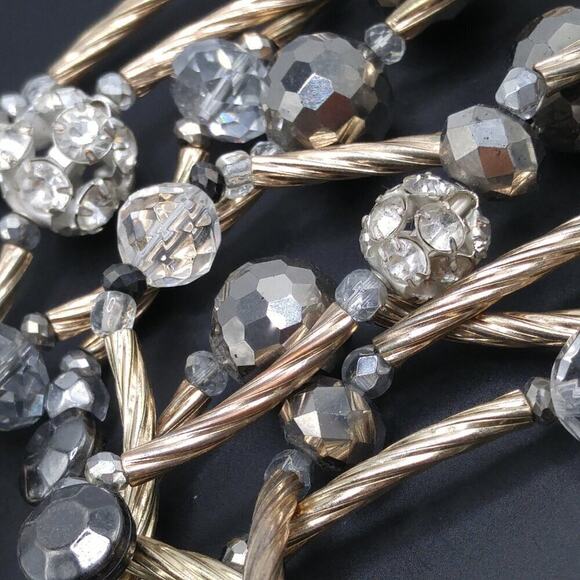 Chico's 5 Strand Beaded Necklace, Gold Swirled Tubes, Clear Silver Crystals, 24" - Picture 9 of 9